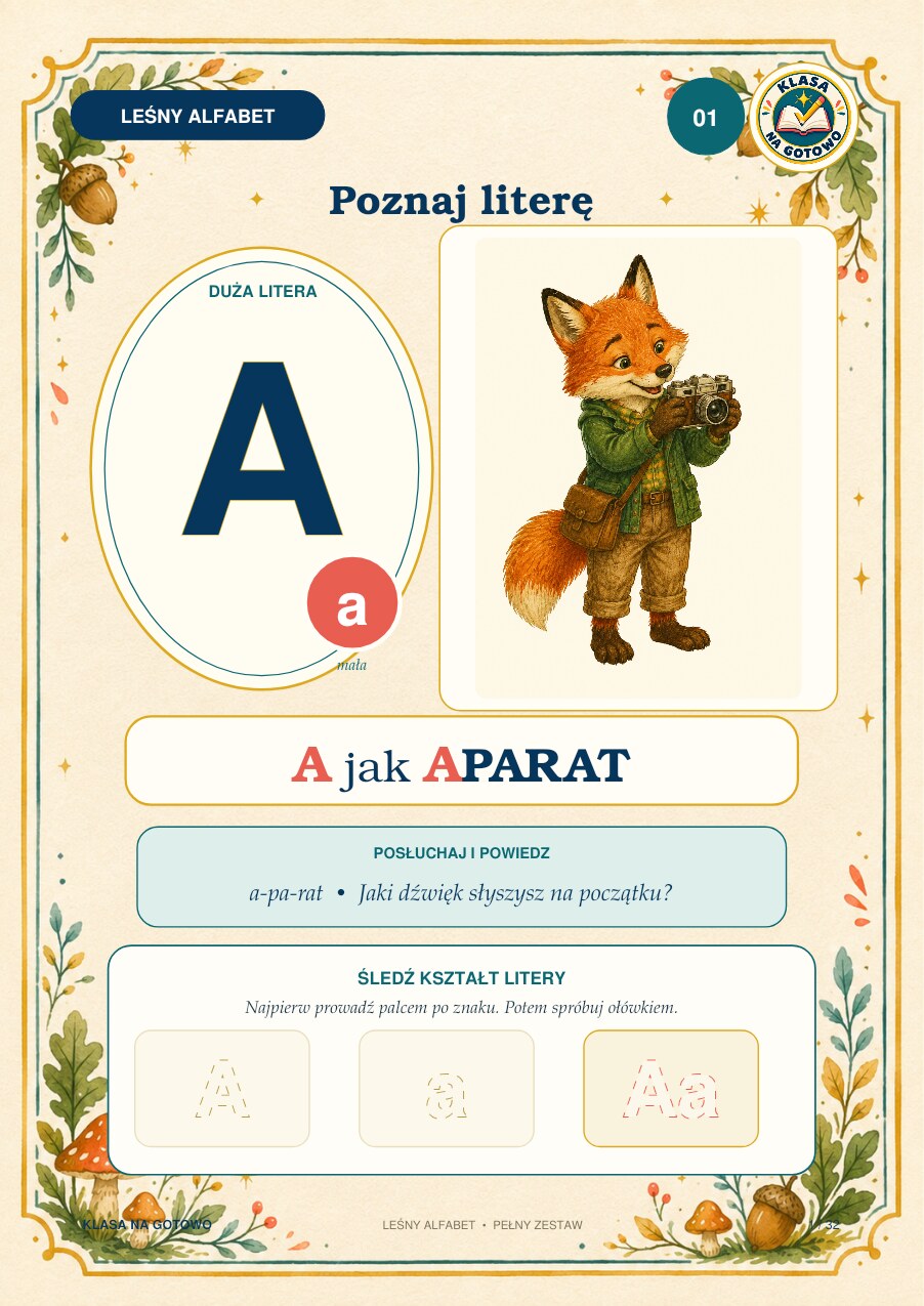 Leśny Alfabet — 32 karty A4 | PDF + PPTX — okładka produktu
