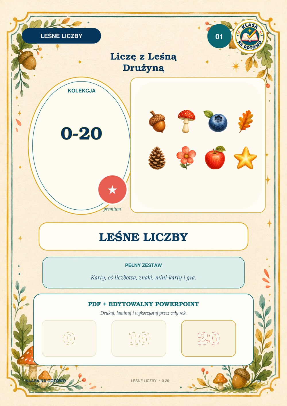 Leśne Liczby 0–20 — karty do nauki liczenia | PDF + PPTX — okładka produktu