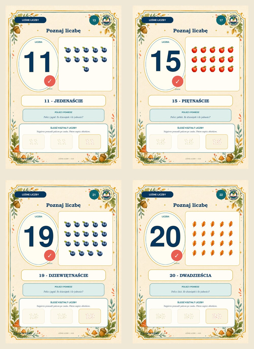 Leśne Liczby 0–20 — karty do nauki liczenia | PDF + PPTX — rzeczywisty podgląd materiału